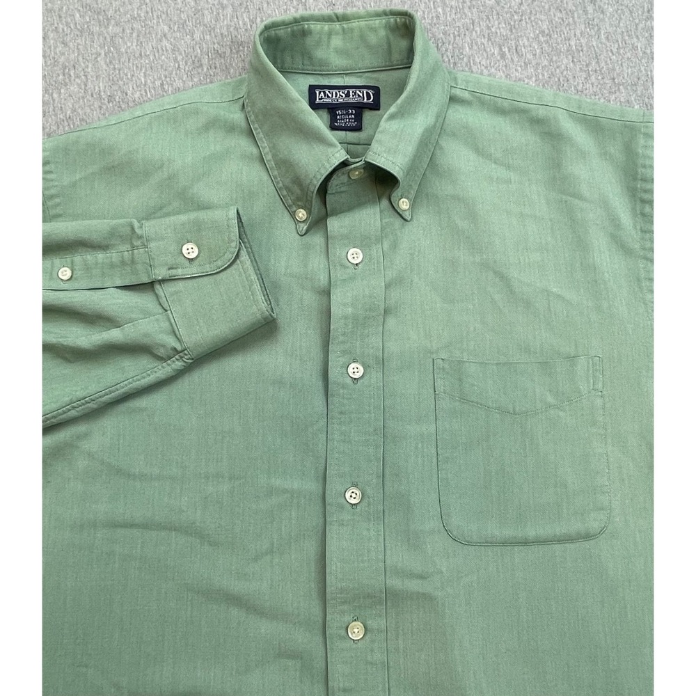 Lands End Shirt Mens 15.5 - 33 Green 100% Cotton Regular Fit Oxford OCBD